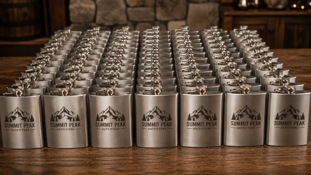 Fifty custom engraved stainless steel flasks with matching company logos arranged in neat rows on a rustic wooden table.