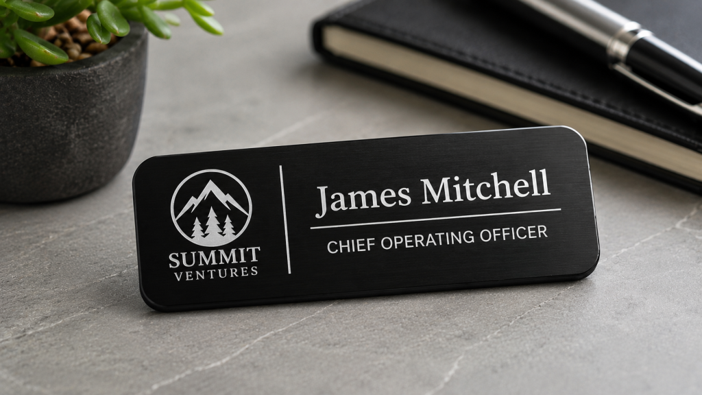 Black engraved name badge with white lettering