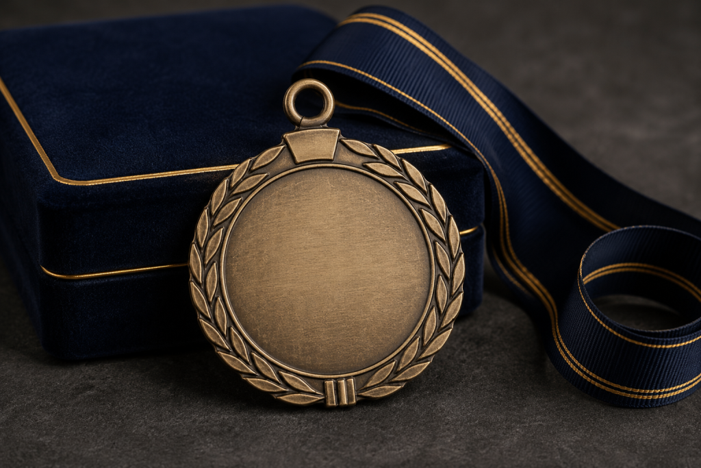Blank bronze metal medal displayed with a navy lanyard and premium presentation box on a dark tabletop.