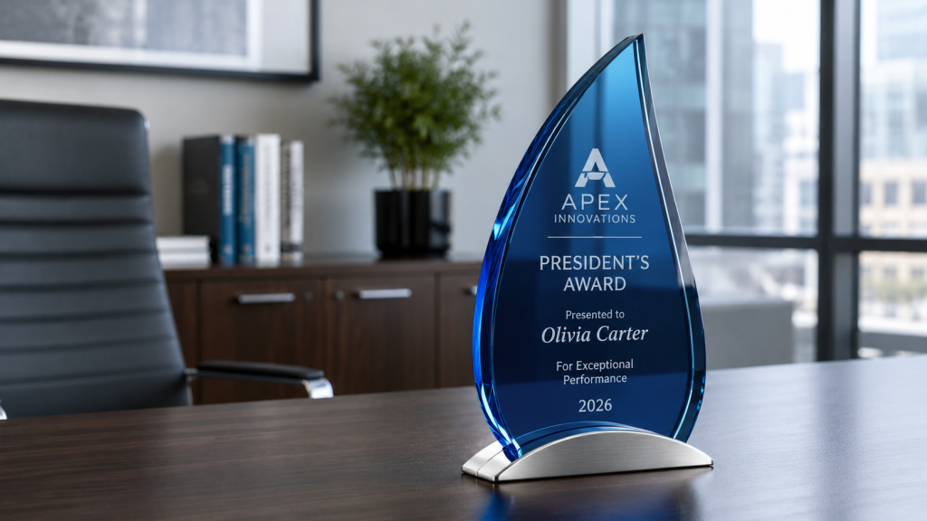 Blue engraved corporate award trophy on a metal base displayed on a conference table in a modern executive office.
