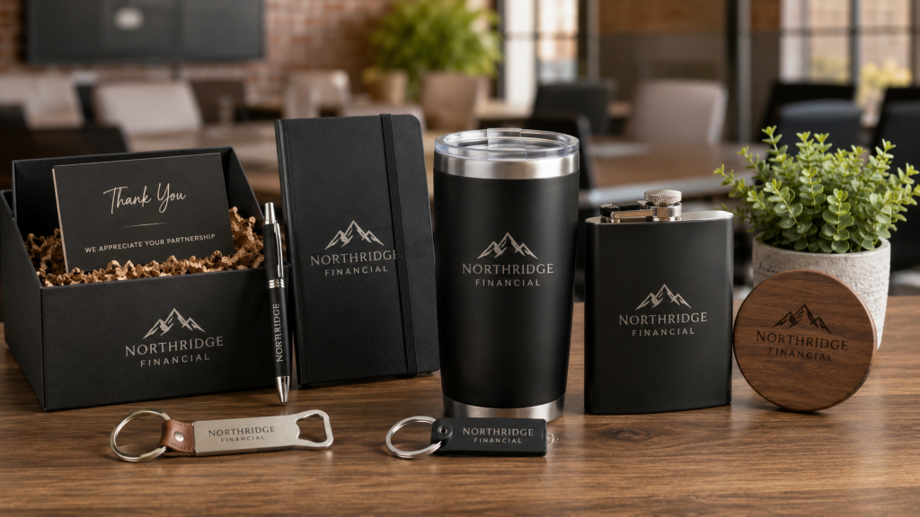 Engraved corporate event gifts including a tumbler, flask, notebook, coaster, bottle opener, keychain, pen, and presentation box.