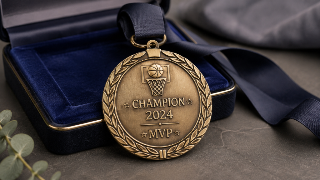 Custom engraved bronze award medal displayed with a navy presentation box and matching lanyard on a premium tabletop background.