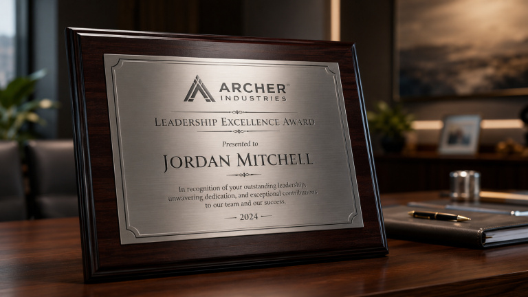 Custom engraved corporate leadership award plaque with a brushed metal plate and dark wood frame displayed on an executive office desk.