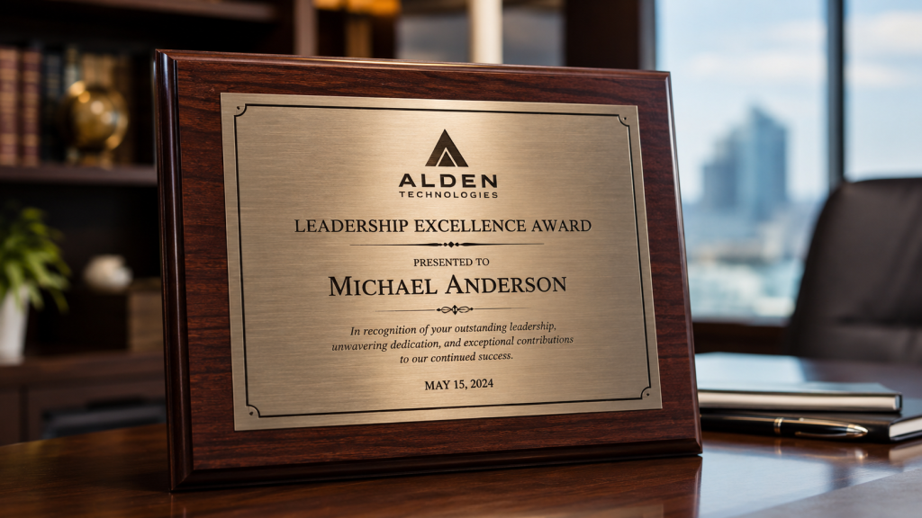 Wood corporate award plaque with an engraved metal plate recognizing leadership excellence, displayed on a polished executive office desk.