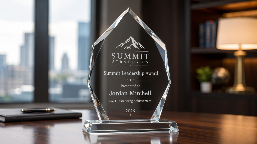 Clear crystal leadership award engraved with a company logo, recipient name, achievement message, and 2026 date on an executive office desk.