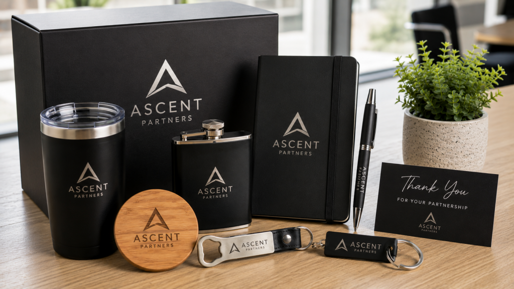 Engraved corporate gift set with a tumbler, flask, notebook, coaster, pen, bottle opener, keychain, and presentation box.