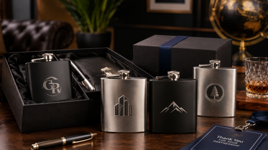 Custom engraved stainless steel flasks displayed with premium corporate gift boxes, pens, and event accessories.