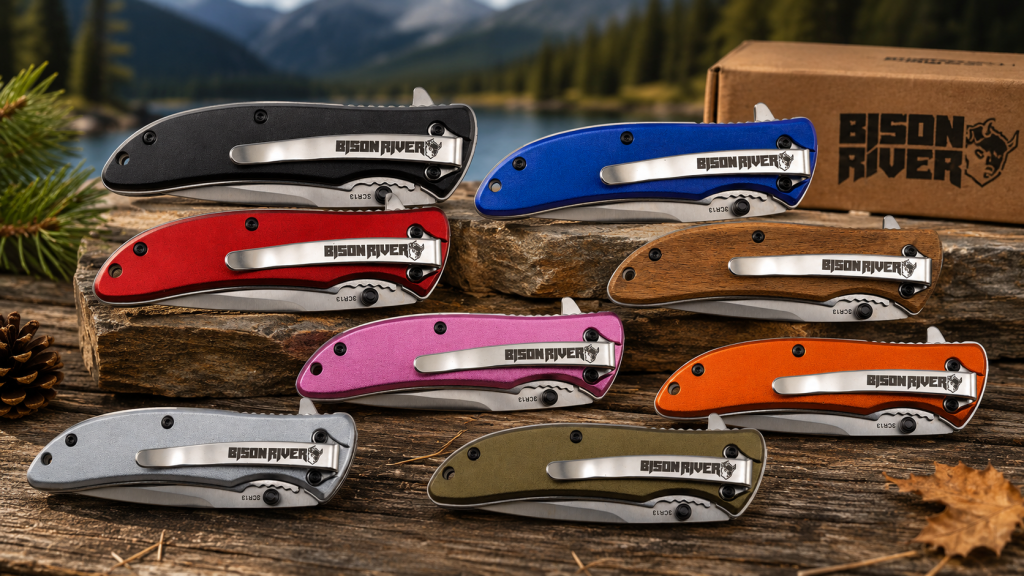 Colorful engraved pocket knives on rustic outdoor display