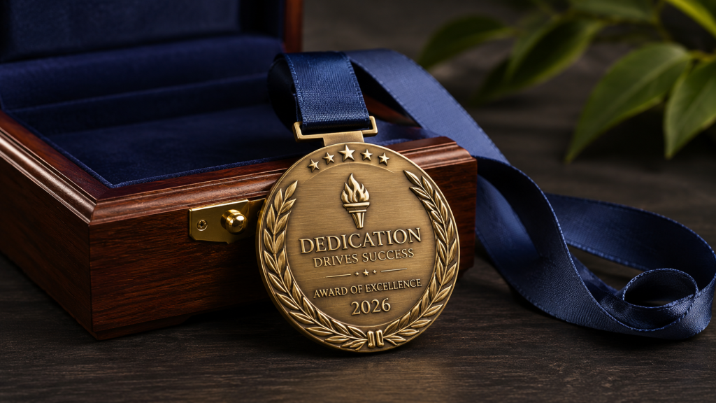 Custom engraved gold award medal with 2026 engraving displayed beside a premium wooden presentation box and navy lanyard.