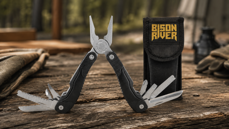 Engraved multi tool with black carrying pouch