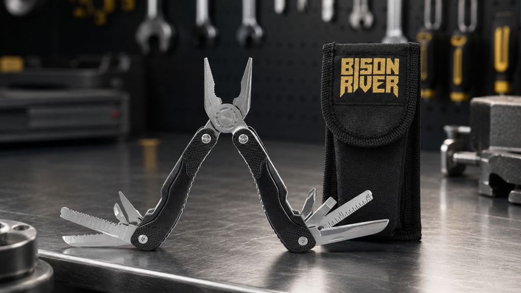 Engraved multi tool with pouch on workshop table