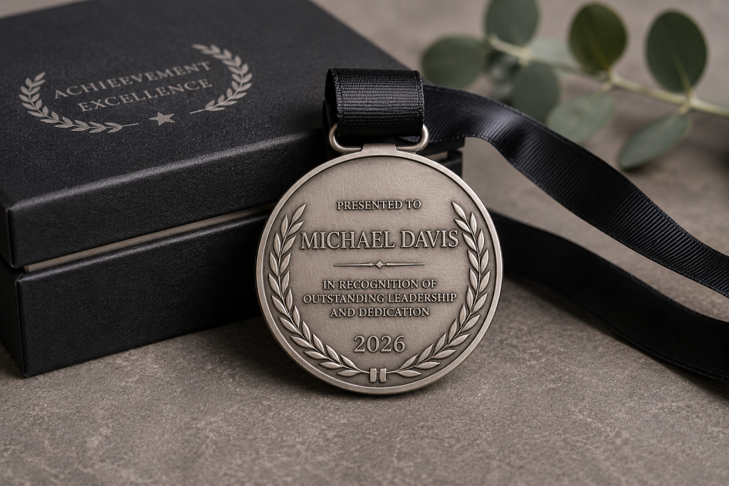 Custom engraved silver recognition medal with deep laser engraved personalization, black lanyard, and premium presentation box on a neutral background.