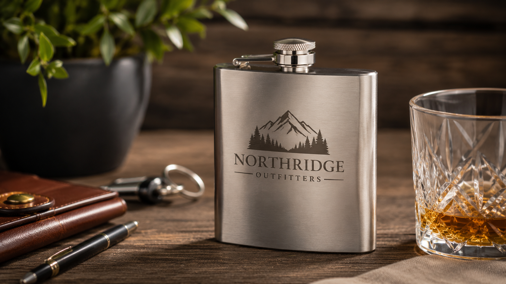 Custom engraved stainless steel flask with a mountain logo displayed on a rustic wood table beside a whiskey glass and leather accessories.
