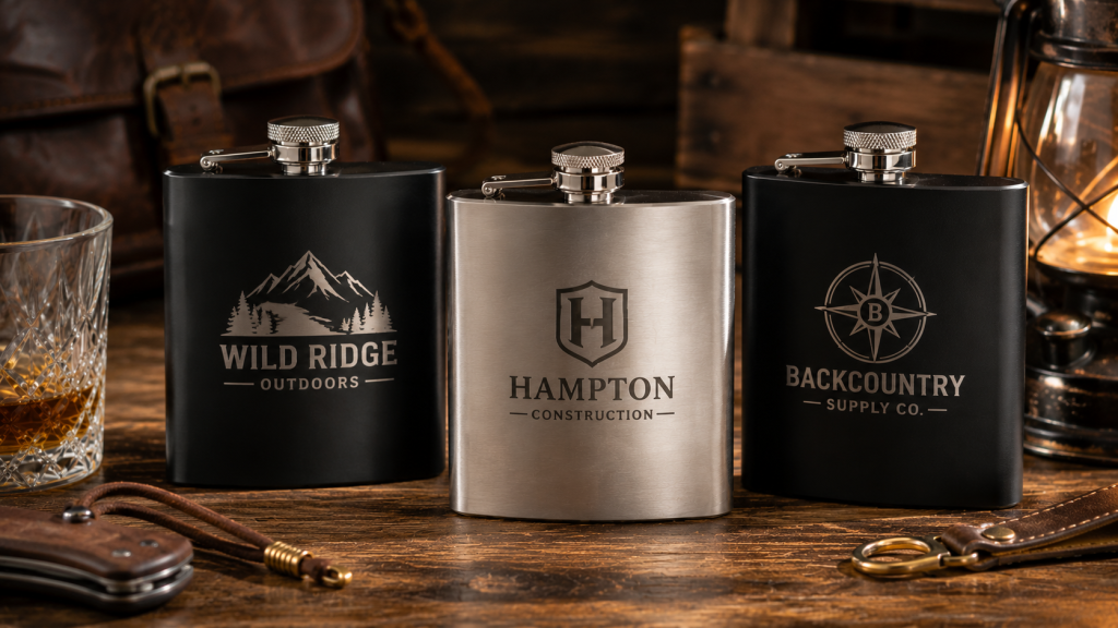 Three custom engraved stainless steel flasks with laser engraved company logos displayed on a rustic wood table with whiskey glass, lantern, and leather accessories.