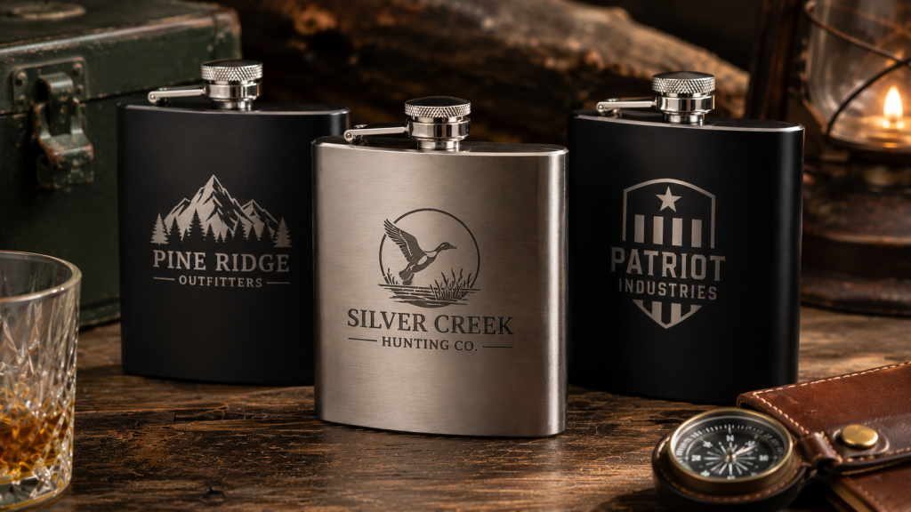 Three custom engraved stainless steel flasks with laser engraved logos displayed on a rustic wood table with whiskey glass, compass, and leather accessories.