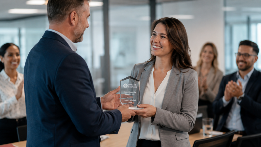 Employee receiving an engraved crystal award from a manager in a modern office while coworkers applaud in the background.