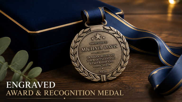 Custom engraved award and recognition medal with deep laser engraving, premium presentation box, and navy lanyard on a wood surface.