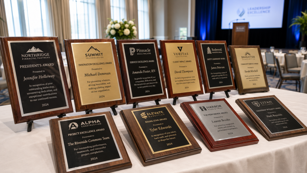 Engraved corporate award plaques arranged on a formal awards table at an employee recognition ceremony.