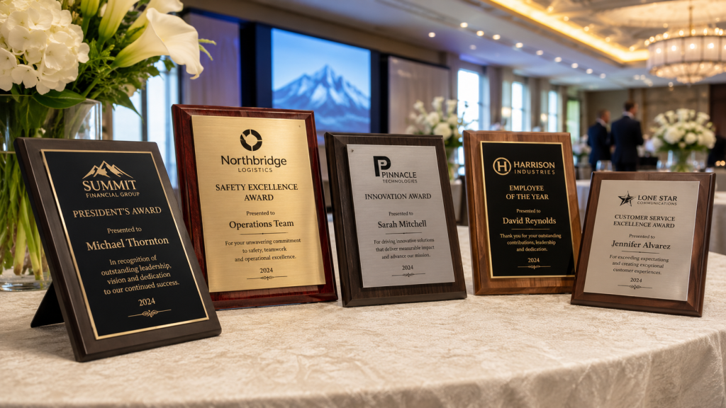 Engraved corporate award plaques displayed on an elegant table at a professional employee recognition event.