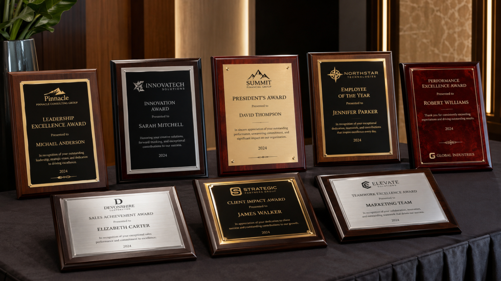 Engraved corporate award plaques arranged on an awards table in a professional indoor event setting.