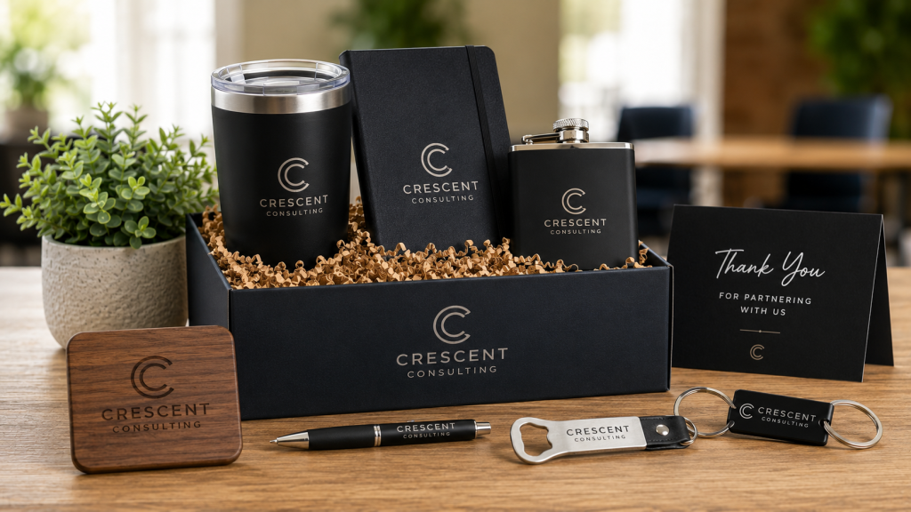 Engraved corporate gift box with a tumbler, flask, notebook, coaster, pen, bottle opener, keychain, and thank-you card.