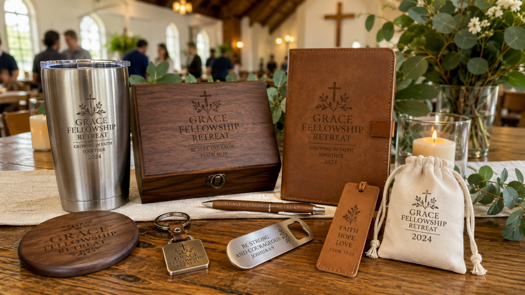 Engraved religious event gifts including a tumbler, keepsake box, journal, coaster, pen, keychain, bottle opener, bookmark, and drawstring pouch.