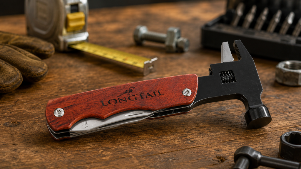 Engraved hammer multi tool on workbench