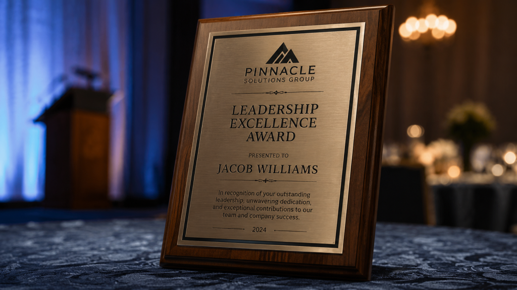 Engraved corporate leadership award plaque displayed on a formal awards table at a professional recognition event.
