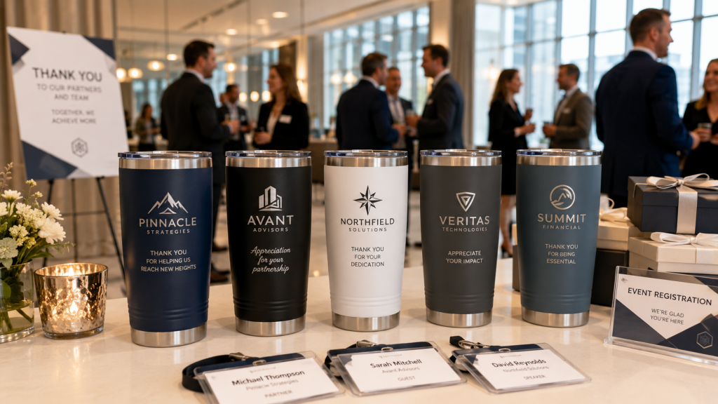 Engraved Polar Camel tumblers displayed at a corporate networking event with custom logos, name badges, and branded gifts.