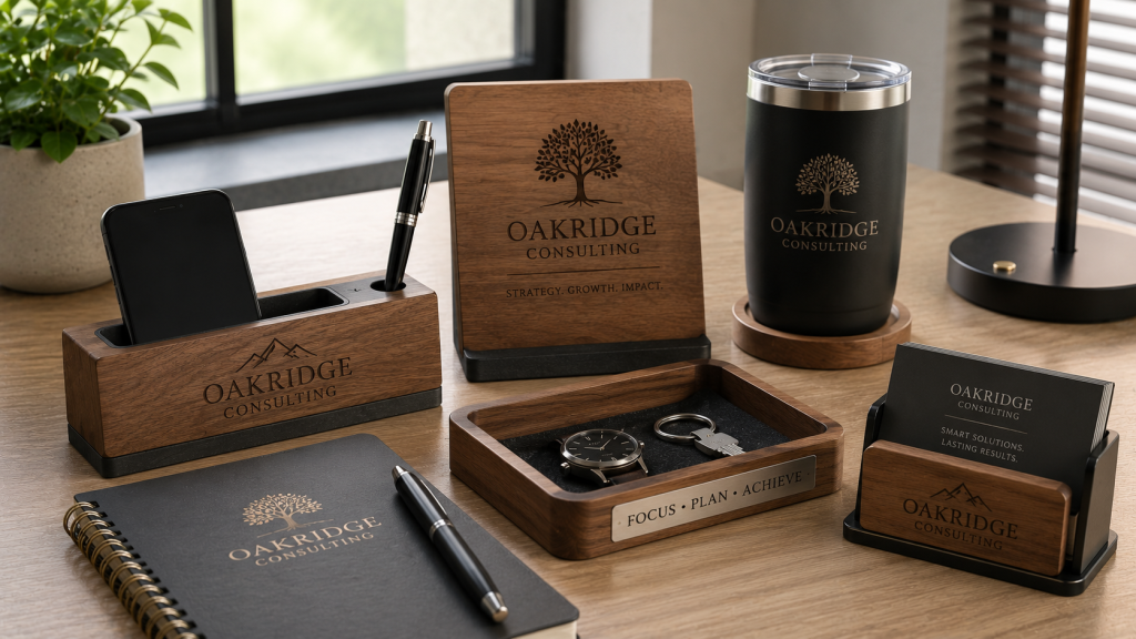 Custom engraved wooden desk accessories with corporate branding