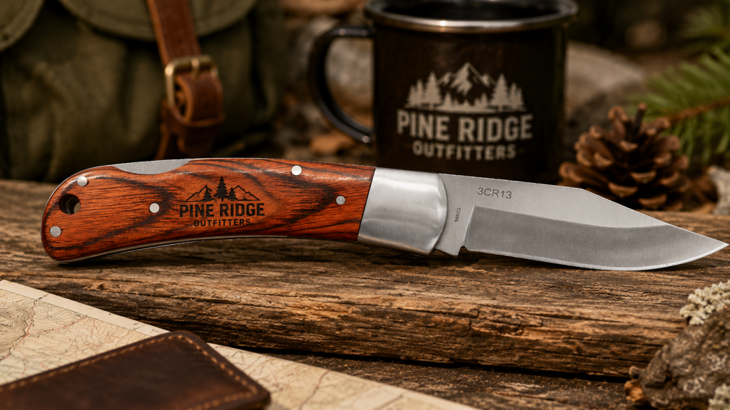 Custom engraved pocket knife on rustic wood