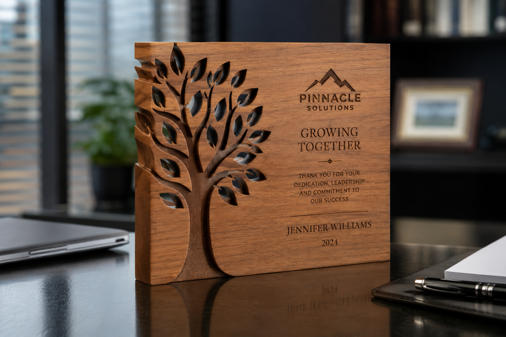 Custom engraved wooden corporate award with a cutout tree design, company logo, recipient name, and recognition message displayed on an office desk.