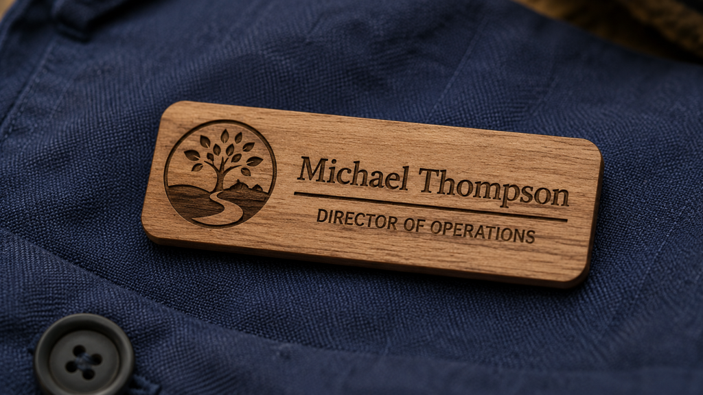 Wooden engraved name badge for Michael Thompson