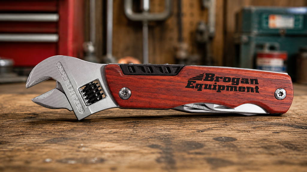 Engraved wrench multi tool on workshop bench