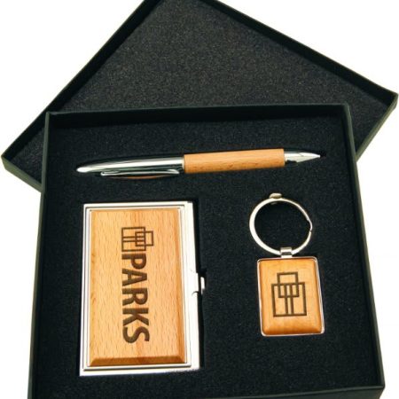 Silver/Wood Finish Gift Set with Business Card Case, Pen & Keychain
