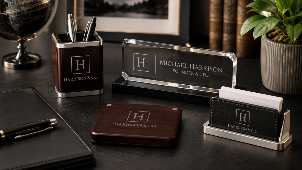 Engraved executive desk accessories with crystal nameplate and wood accents