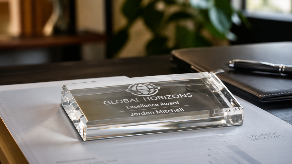 Engraved crystal paperweight award on an executive desk with a corporate logo and recipient name.