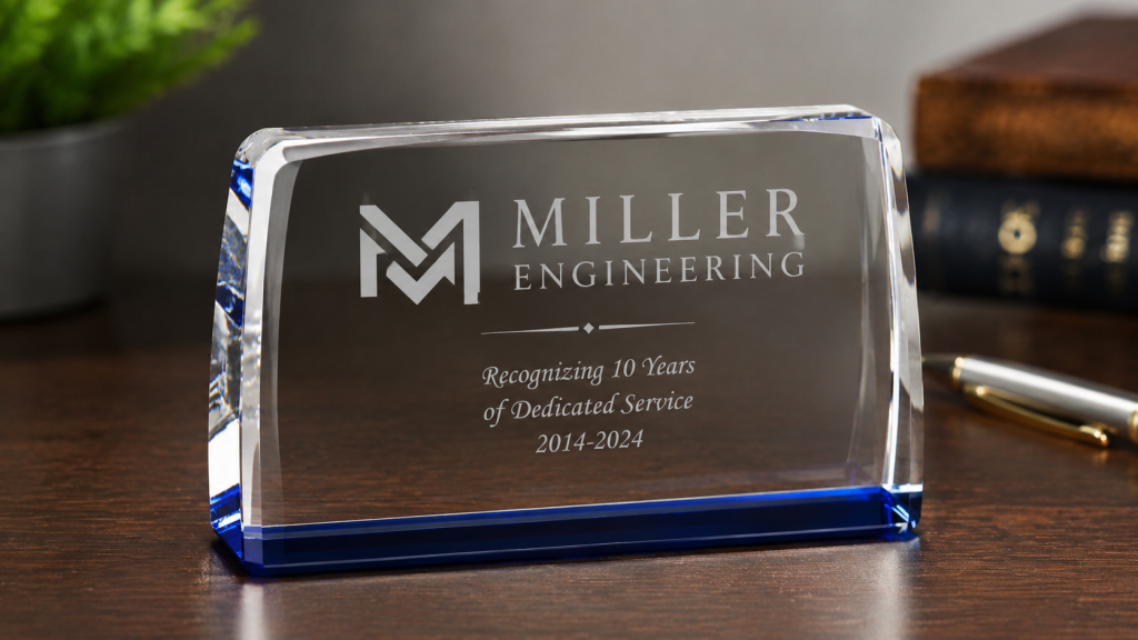 Engraved crystal paperweight award with blue base recognizing 10 years of dedicated service.