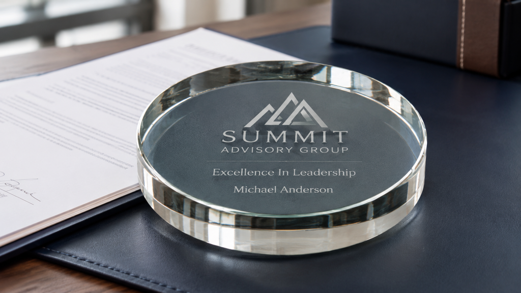 Round engraved crystal paperweight award on a leather desk pad with custom leadership recognition text.
