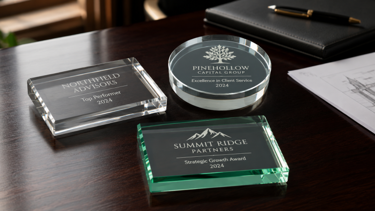 Three engraved crystal paperweight awards displayed on a polished executive desk.