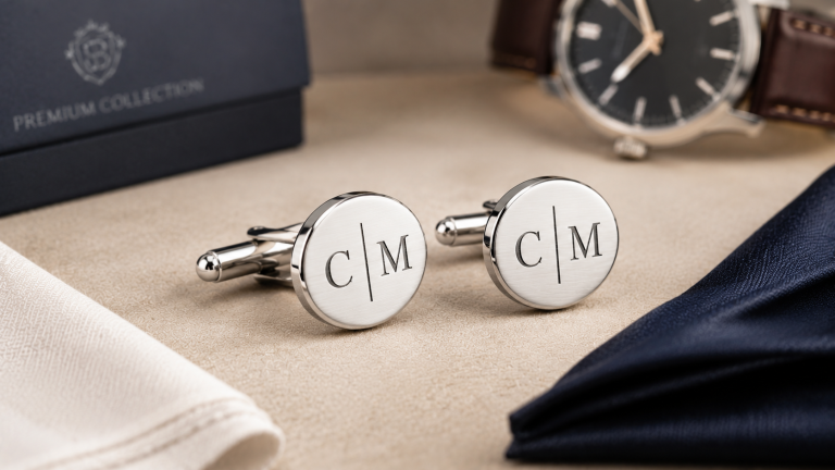 Personalized round silver engraved cufflinks displayed with a premium gift box, wristwatch, white shirt cuff, and navy pocket square.