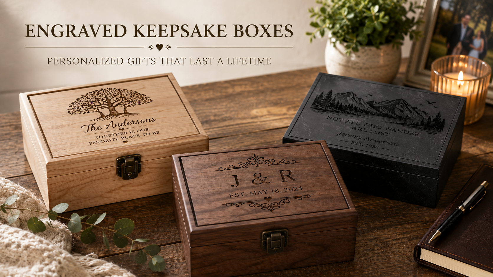 Collection of personalized engraved wooden keepsake boxes with custom designs