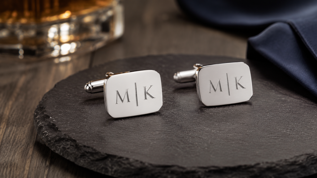 Personalized engraved silver cufflinks with initials displayed on a dark slate surface with a formal navy fabric background.
