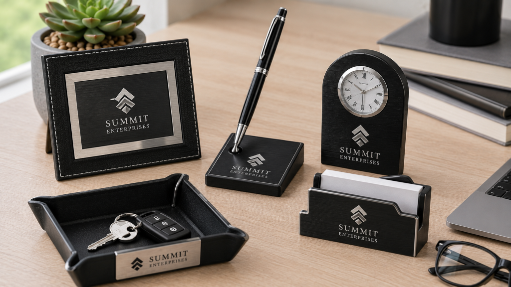 Personalized engraved executive desk accessories arranged on office desk