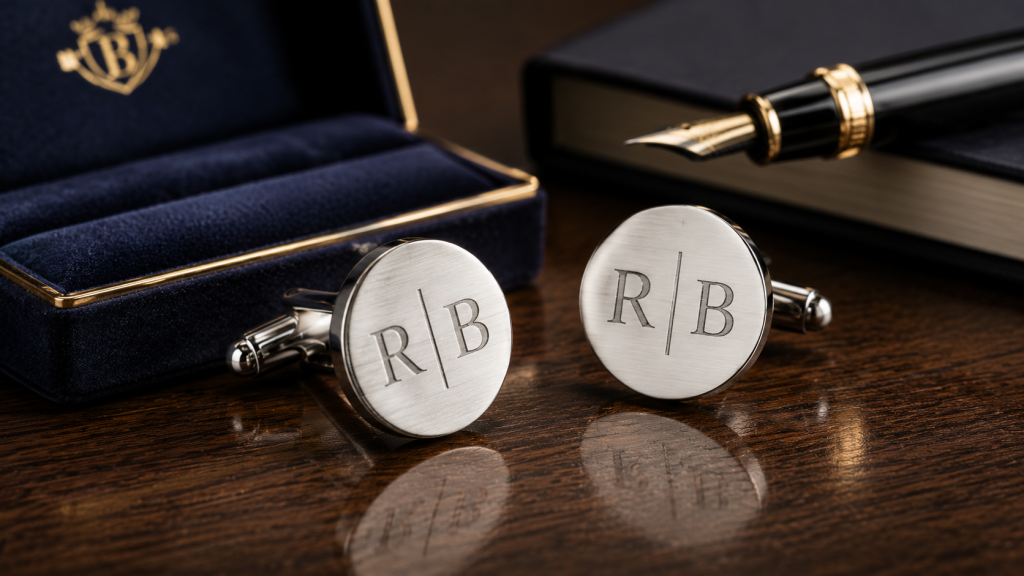 Round silver engraved cufflinks with monogram initials displayed beside a luxury presentation box and fountain pen on a polished wood desk.