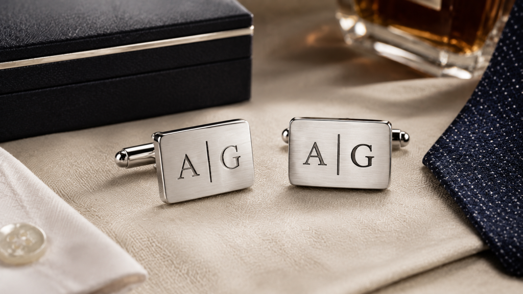 Rectangular silver engraved cufflinks with monogram initials displayed with a shirt cuff, navy tie, and premium gift box.