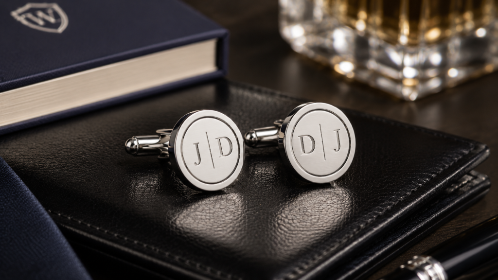 Round silver cufflinks with engraved monogram initials displayed on a black leather wallet with luxury accessories.