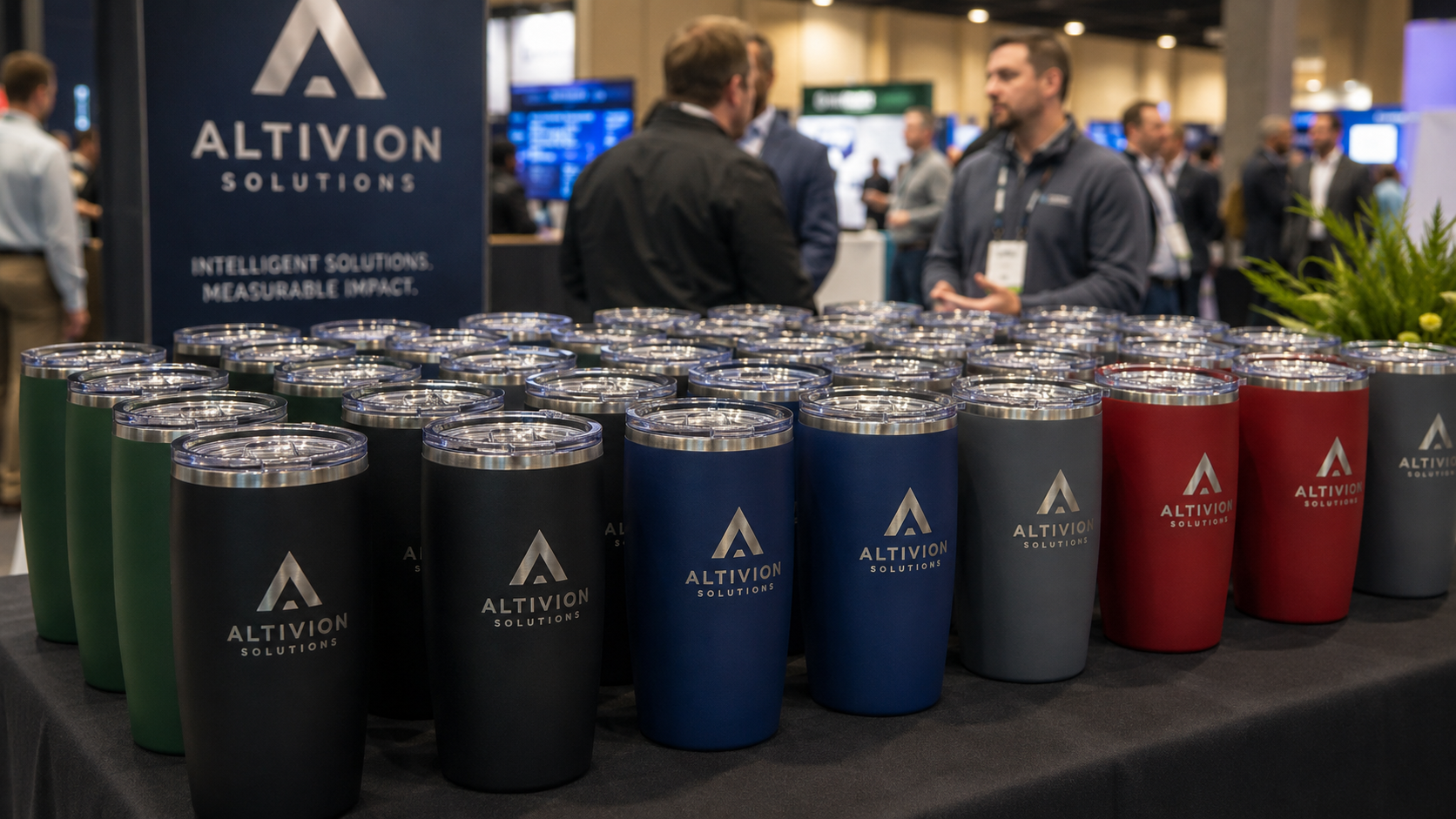 Bulk display of powder-coated tumblers engraved with the Northbridge Collective logo at a corporate trade show.