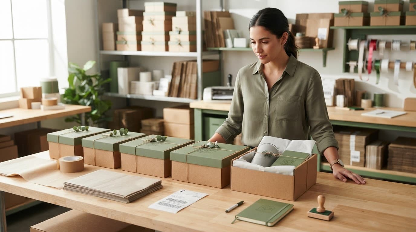 A coordinator arranges six engraved welcome boxes on a bright packing table.