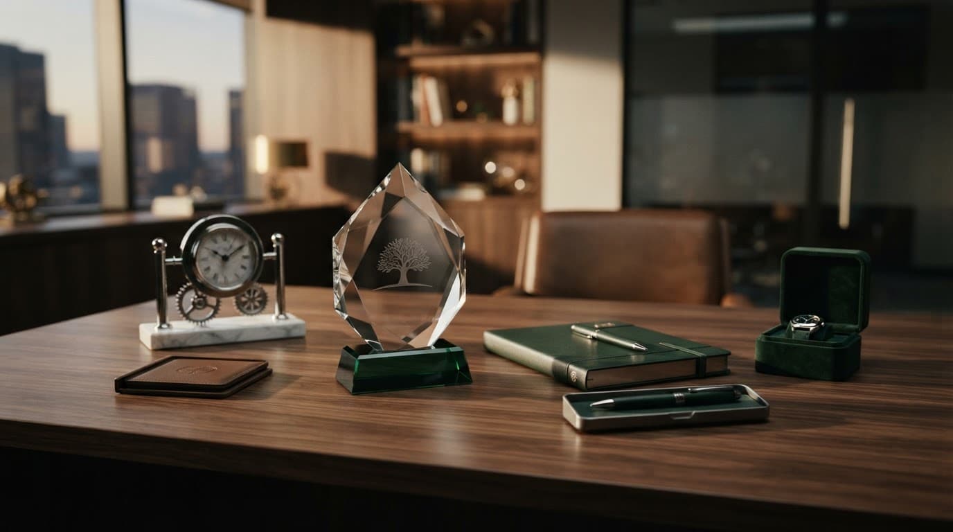 Engraved corporate awards and luxury gifts arranged on a wooden executive desk.